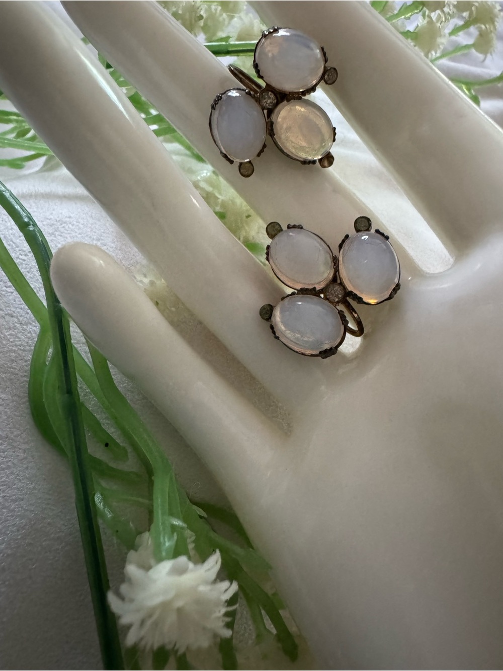 Vintage Sterling Opalite & Rhinestone Screw-Back Cluster Earrings